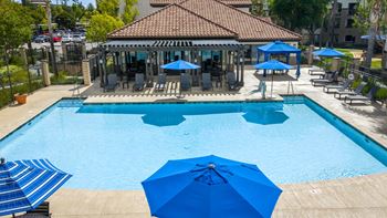 A pool with blue umbrellas and chairs.